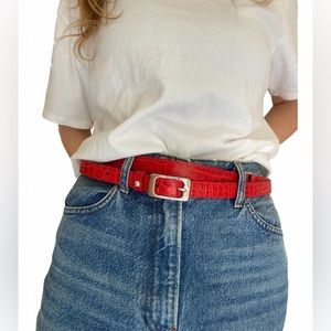 Vintage 90s Red Crocodile Leather Escada Sport Belt with Silver Hardware Details